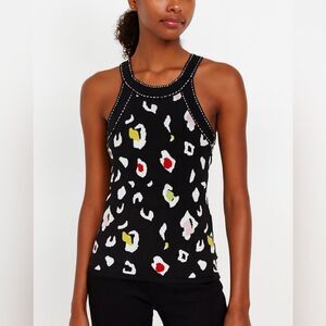 Caché Vintage Black Leopard Print Knit Tank Top Contrast Stitching Size M